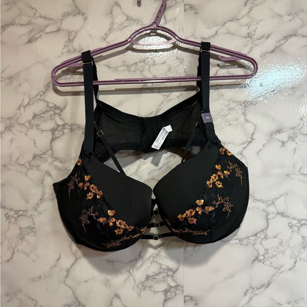 NEW Cacique Boost Balconette Bra Black Gold 48D Underwire Padded Black Lace